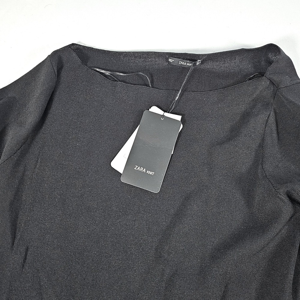 Zara Knit Black Long Sleeve Embellished Cuff Boat Neck Top NWT Large
